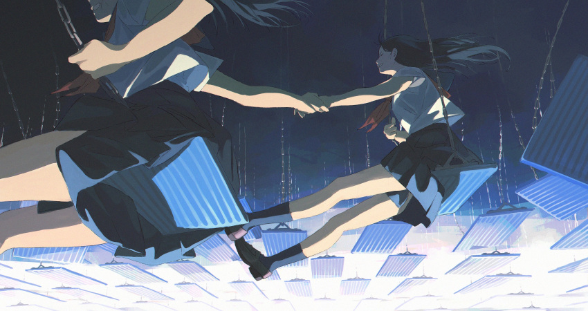 2girls bare_arms black_hair black_legwear black_skirt blue_background blue_skirt chain floating_hair from_below from_side highres holding_hands kneehighs laughing loafers multiple_girls neckerchief noword original outstretched_arm outstretched_leg profile red_neckerchief school_uniform serafuku shirt_overhang shoes short_sleeves skirt swing