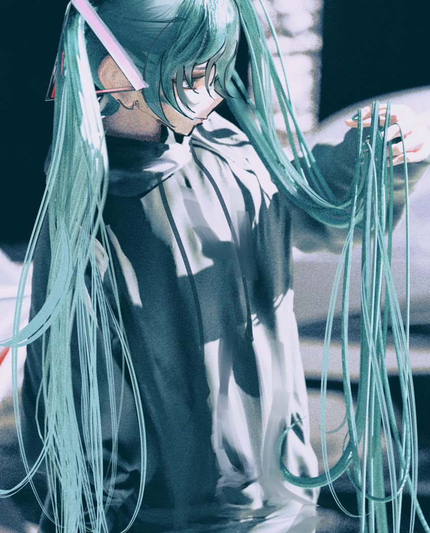 1girl bangs blue_eyes blue_hair blurry blurry_background closed_mouth cowboy_shot depth_of_field grey_sweater hand_up hatsune_miku highres holding holding_hair houtei9 lips long_hair shadow sidelighting solo sunlight sweater sweatshirt twintails very_long_hair vocaloid
