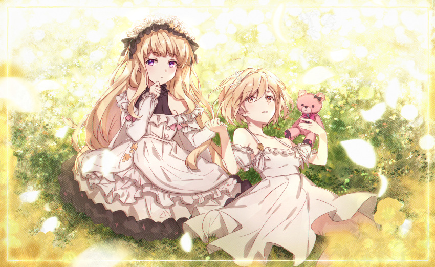 2girls bangs bare_shoulders blonde_hair bow bowtie cagliostro_(granblue_fantasy) collarbone commentary djeeta_(granblue_fantasy) dress flower frilled_dress frills granblue_fantasy hair_between_eyes hairband highres holding_hands koori_(superumaice) lolita_hairband long_hair long_sleeves looking_at_viewer lying multiple_girls on_back parted_lips pink_bow pink_bowtie pink_eyes short_hair sitting smile stuffed_animal stuffed_toy teddy_bear very_long_hair white_dress yellow_eyes