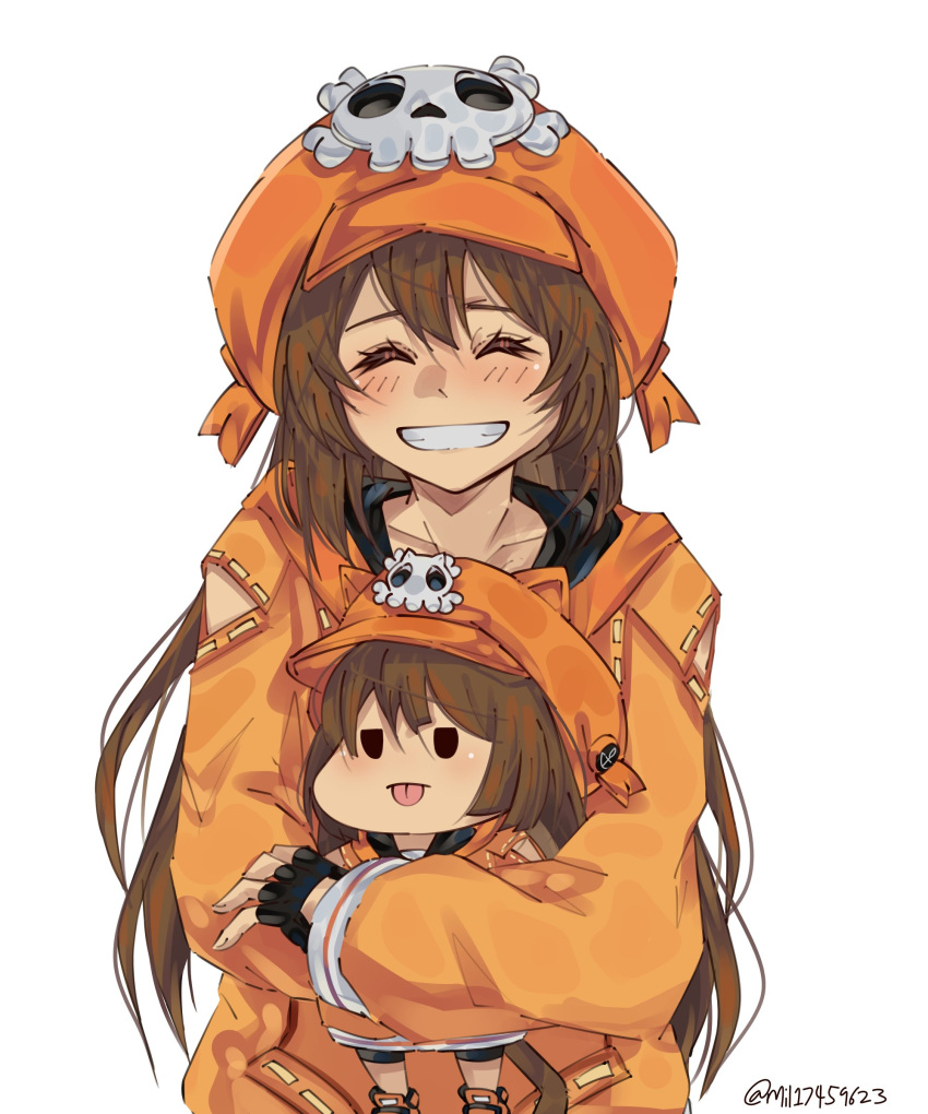 1girl ^_^ absurdres black_gloves blush brown_hair character_doll closed_eyes collarbone doll fingerless_gloves gloves guilty_gear guilty_gear_strive highres holding holding_doll hood hoodie long_hair may_(guilty_gear) mil17459623 orange_headwear orange_hoodie skull_and_crossbones sleeves_past_wrists smile solo twitter_username upper_body