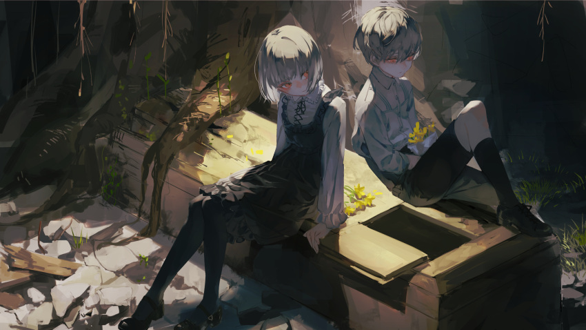 1boy 1girl albino black_legwear blush bouquet brother_and_sister coffin dress flower frilled_dress frills highres kneehighs matching_outfit original pinafore_dress red_eyes ruins siblings syokuuuuuuuuumura twins white_hair