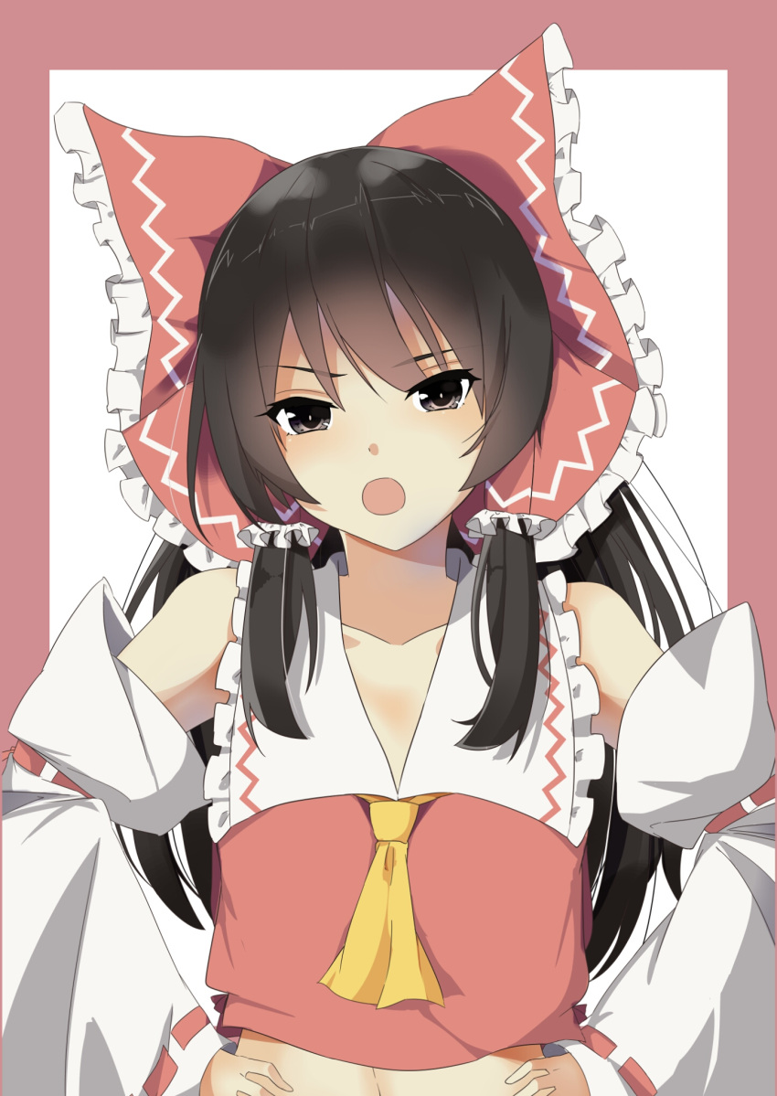 1girl ascot bangs bare_shoulders black_eyes black_hair border bow collarbone collared_shirt collared_vest commentary_request detached_sleeves eyebrows_visible_through_hair frilled_bow frills hair_bow hakurei_reimu hand_on_hip highres long_hair long_sleeves midriff navel open_mouth red_border red_bow red_vest ribbon-trimmed_sleeves ribbon_trim shirt sidelocks simple_background solo touhou tsushi upper_body vest white_background white_sleeves wide_sleeves yellow_ascot