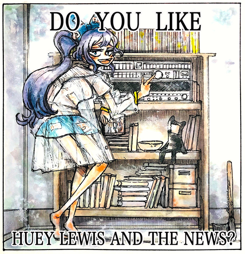 1girl american_psycho axe bangle bangs barefoot blue_eyes blue_hair blue_skirt book bookshelf bow bowl box bracelet commentary_request commission debt english_text full_body hair_bow highres hood hoodie indoors jewelry long_hair looking_at_viewer meme morinokirin open_mouth pixiv_request ponytail raincoat see-through_coat short_sleeves skirt smile solo sound_system stuffed_animal stuffed_cat stuffed_toy touhou yorigami_shion