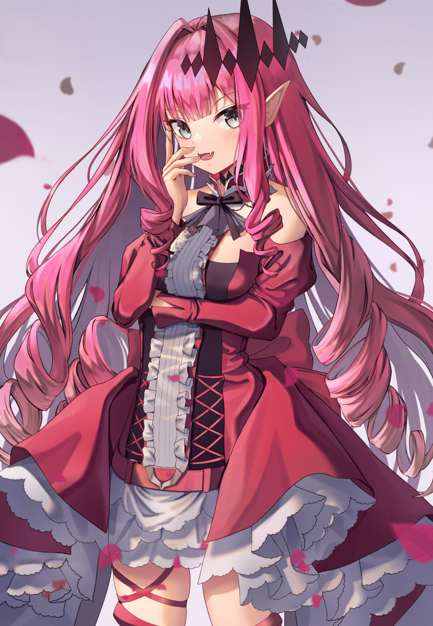 1girl 29hyeon absurdres arm_under_breasts bangs blunt_bangs breasts center_frills cowboy_shot detached_collar detached_sleeves dress drill_hair eyebrows_visible_through_hair fairy_knight_tristan_(fate) falling_petals fangs fate/grand_order fate_(series) frills grey_background grey_eyes hair_intakes hand_on_own_face highres long_hair looking_at_viewer medium_breasts open_mouth petals pink_hair pointy_ears puffy_sleeves red_dress smile solo thigh_strap thighs tiara very_long_hair