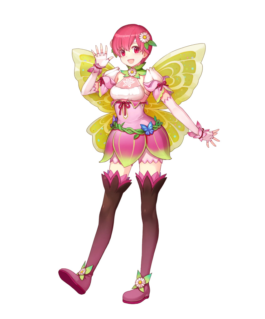 1girl alternate_costume bangs belt boots breasts detached_collar dress elbow_gloves est_(fire_emblem) fairy_wings fire_emblem fire_emblem:_mystery_of_the_emblem fire_emblem_heroes gloves gradient gradient_clothes hair_ornament hand_up headband highres konfuzikokon looking_at_viewer non-web_source official_art open_mouth pink_dress pink_eyes pink_hair shiny shiny_hair short_dress short_hair sleeveless small_breasts smile solo standing thigh-highs thigh_boots transparent_background wings zettai_ryouiki