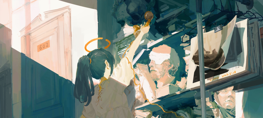 1girl artist_name black_hair commentary_request dated door dress from_behind halo highres long_hair original painting_(object) phone ponytail sculpture shade shelf short_sleeves solo upper_body white_dress xilmo