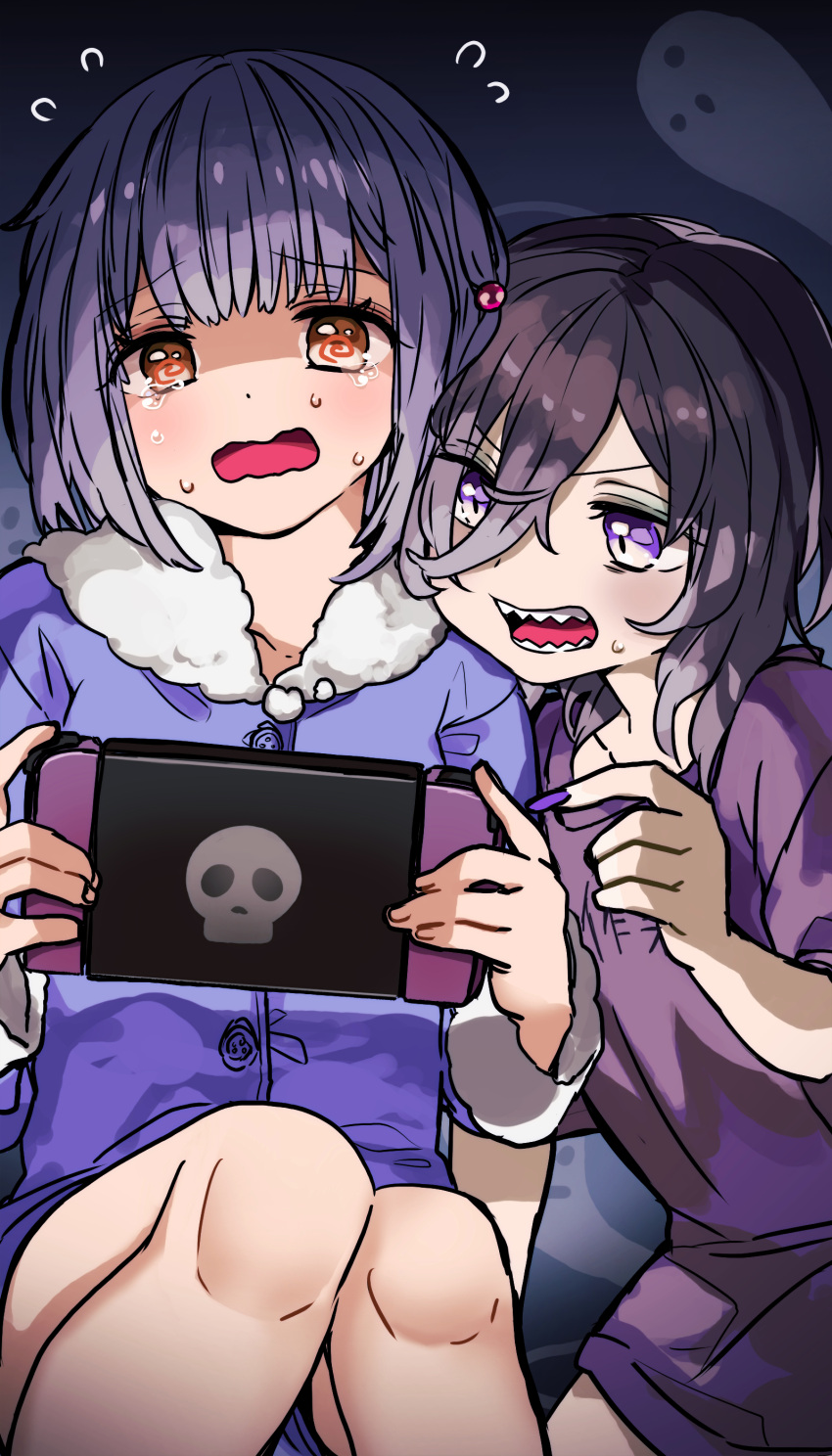 2girls @_@ absurdres bangs beads black_hair blue_shirt flying_sweatdrops ghost granblue_fantasy hair_beads hair_between_eyes hair_ornament handheld_game_console highres lich_(granblue_fantasy) long_sleeves looking_at_viewer multiple_girls open_mouth osakana_(rrg0123) pajamas purple_nails purple_shirt sharp_teeth shirt short_hair short_sleeves sitting sweatdrop tearing_up tears teeth v-shaped_eyebrows vikala_(granblue_fantasy) violet_eyes wavy_mouth yellow_eyes