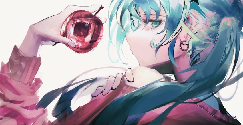 1girl absurdres apple blue_eyes blue_hair check_commentary closed_eyes commentary_request earrings face food from_side fruit hand_up hatsune_miku highres holding holding_food holding_fruit houtei9 jewelry long_sleeves looking_at_viewer red_sweater reflection sideways_glance solo sweater twintails upper_body vocaloid