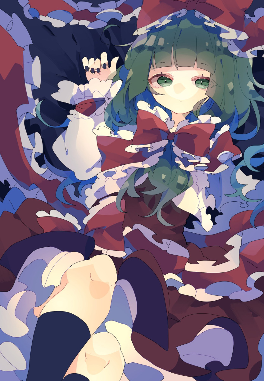 1girl bangs black_legwear black_nails blunt_bangs bow commentary dress expressionless frilled_bow frilled_ribbon frills green_hair hair_bow hand_up highres kagiyama_hina knees_up long_sleeves looking_at_viewer medium_hair nikorashi-ka one-hour_drawing_challenge petticoat puffy_long_sleeves puffy_sleeves red_dress red_eyes red_ribbon ribbon socks solo touhou