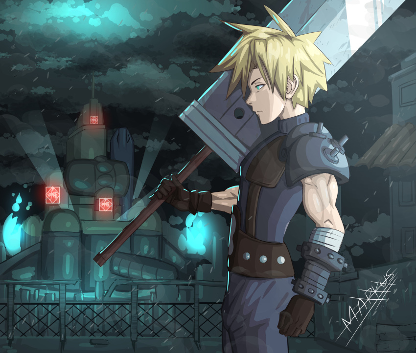 absurdres armor belt blonde_hair blue_eyes cloud_strife clouds factory final_fantasy final_fantasy_vii gloves highres lights markustercero night serious shoulder_armor sword weapon