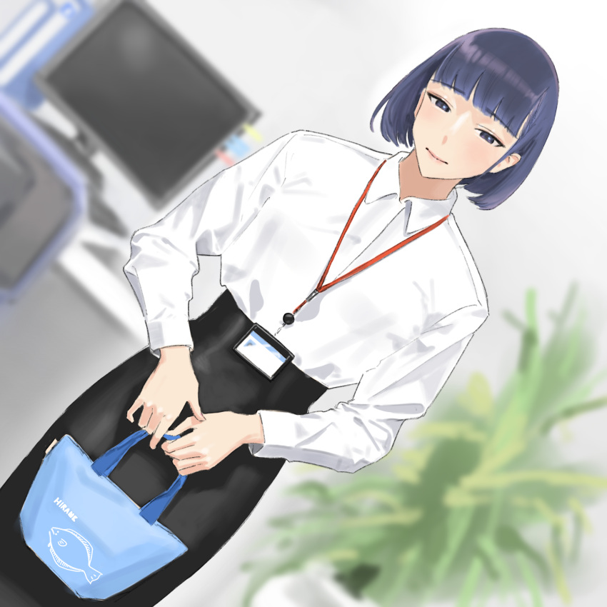 1girl bad_id bag black_eyes black_hair blue_bag blurry blurry_background bob_cut collared_shirt commentary_request dutch_angle eyebrows_visible_through_hair high-waist_skirt highres hiramedousa holding holding_bag lanyard long_sleeves looking_at_viewer name_tag office office_lady original shirt shirt_tucked_in skirt smile standing white_shirt