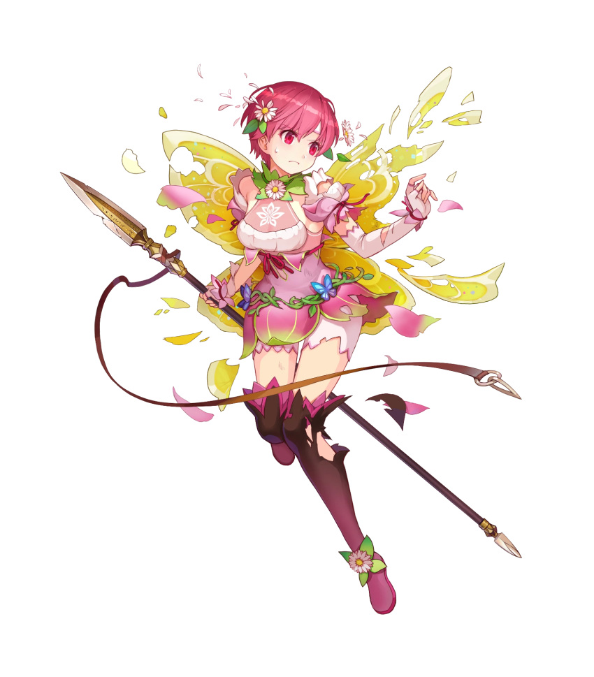 1girl alternate_costume bangs belt boots breasts closed_mouth detached_collar dress elbow_gloves est_(fire_emblem) fairy_wings fingerless_gloves fire_emblem fire_emblem:_mystery_of_the_emblem fire_emblem_heroes full_body gloves gradient gradient_clothes hair_ornament headband highres holding holding_weapon konfuzikokon looking_away non-web_source official_art pink_dress pink_eyes pink_hair polearm shiny shiny_hair short_dress short_hair sleeveless small_breasts solo spear sweat sweatdrop thigh-highs thigh_boots torn_clothes torn_wings transparent_background weapon wings zettai_ryouiki