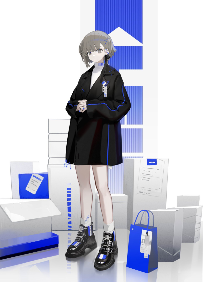 1girl bag bangs barcode bare_legs black_footwear black_jacket blue_nails boots box commentary_request full_body grey_eyes grey_hair hair_ornament hairclip highres iris_yi jacket long_sleeves looking_at_viewer original shirt shopping_bag short_hair solo white_background white_shirt