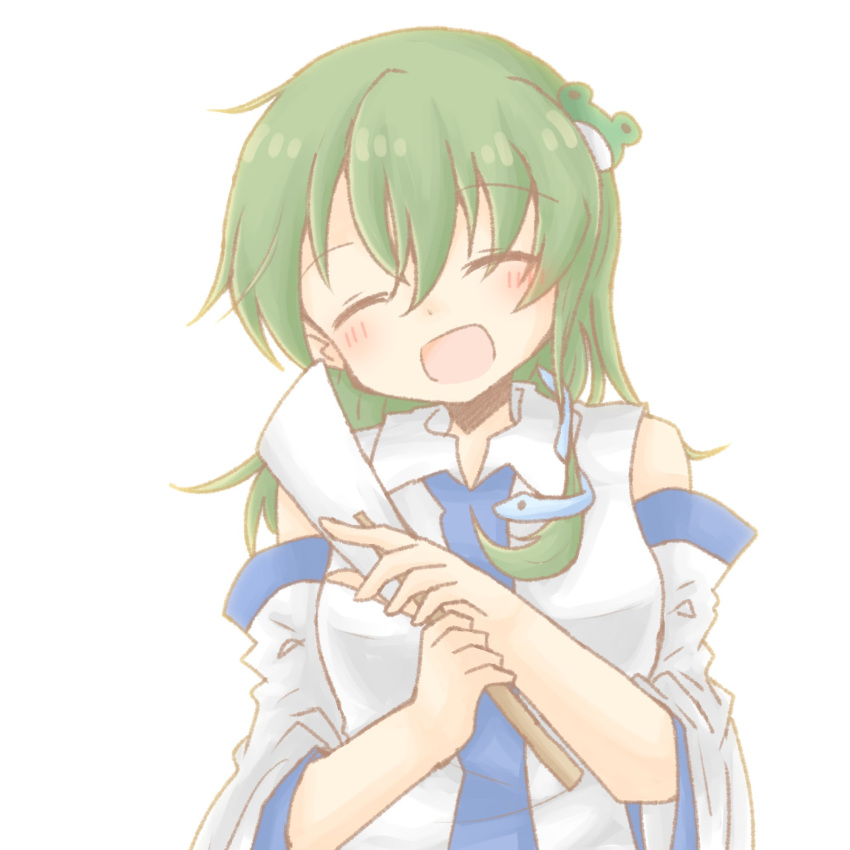 1girl artist_request bangs bare_shoulders blush breasts closed_eyes collared_shirt commentary_request detached_sleeves eyebrows_visible_through_hair eyes_visible_through_hair frog_hair_ornament gohei green_hair hair_between_eyes hair_ornament hands_up highres kochiya_sanae long_sleeves medium_breasts medium_hair open_mouth shirt simple_background smile snake_hair_ornament solo standing touhou upper_body white_background white_shirt wide_sleeves