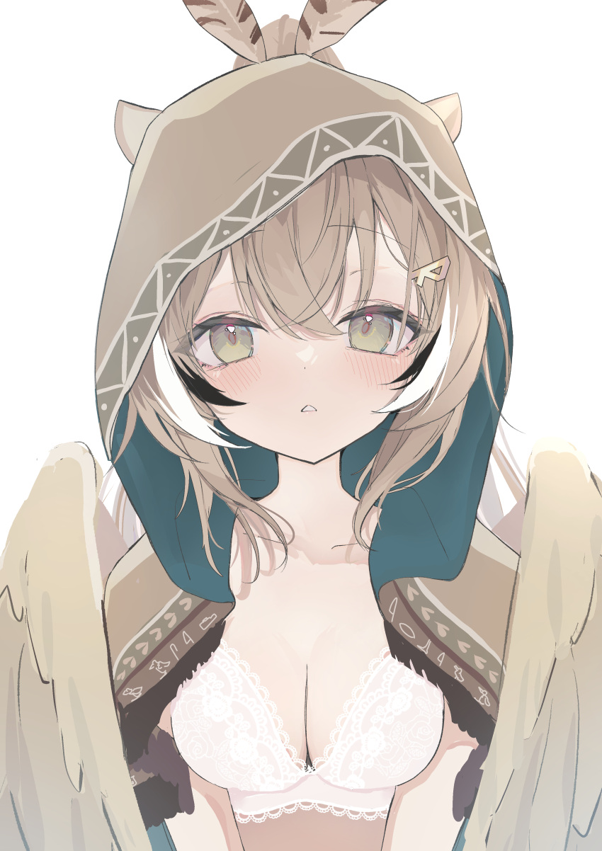 1girl absurdres bangs bird_girl blush bra brown_capelet brown_cloak brown_hair capelet cloak ears_through_headwear feather_hair_ornament feathered_wings feathers green_eyes hair_ornament hairclip hieroglyphics highres hololive hololive_english hood hood_up inaba_reito lace-trimmed_bra lace_trim looking_at_viewer multicolored_hair nanashi_mumei no_shirt parted_lips ponytail solo streaked_hair triangle_mouth underwear virtual_youtuber wings