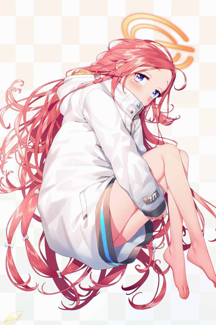 1girl bangs bare_legs barefoot blew_andwhite blue_archive blue_eyes blush bow checkered checkered_background fetal_position forehead from_side full_body halo highres hood hood_down hoodie hugging_own_legs knees_to_chest knees_up long_hair long_sleeves looking_at_viewer lying on_side pink_hair signature sleeves_past_wrists solo very_long_hair yuzu_(blue_archive)