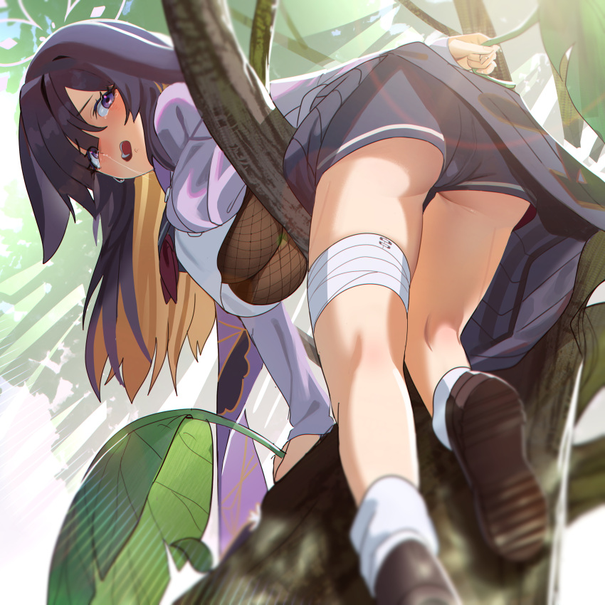 1girl absurdres ass bandages bangs black_footwear black_hair blonde_hair blue_archive blue_shorts breasts cape climbing_tree crop_top crop_top_overhang crying crying_with_eyes_open eyebrows_visible_through_hair hair_over_one_eye highres hood hooded_cape jiki_(gkdlfnzo1245) korean_commentary large_breasts leaf long_bangs long_hair looking_at_viewer multicolored_hair open_mouth short_shorts shorts socks solo tears tree tsukuyo_(blue_archive) two-tone_hair violet_eyes white_legwear