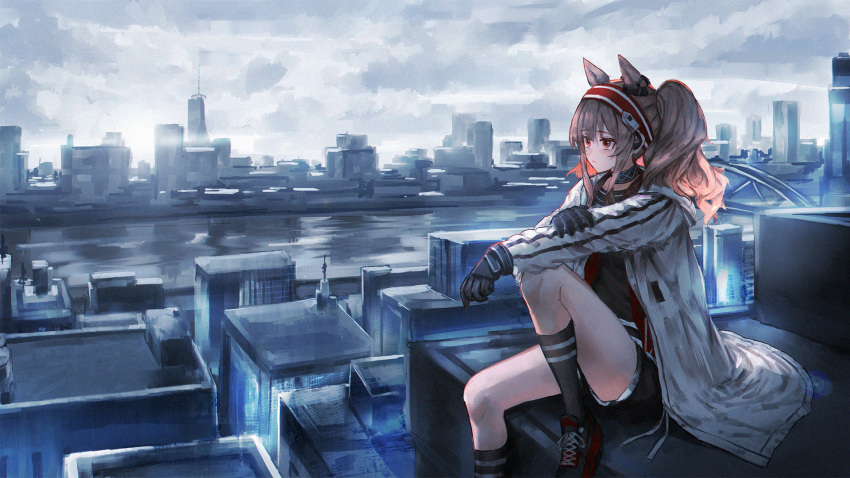 1girl angelina_(arknights) animal_ears arknights arm_on_knee bangs black_footwear black_gloves black_legwear black_shirt bridge brown_hair building choker city clouds cloudy_sky commentary day earphones english_commentary expressionless eyebrows_visible_through_hair film_grain fox_ears fox_girl gloves hair_between_eyes hand_on_own_arm headband highres infection_monitor_(arknights) jacket knee_up light_blush long_hair outdoors red_eyes red_footwear red_headwear redstealth river scenery shirt shoes sidelocks sitting sky skyscraper sneakers socks solo twintails white_jacket
