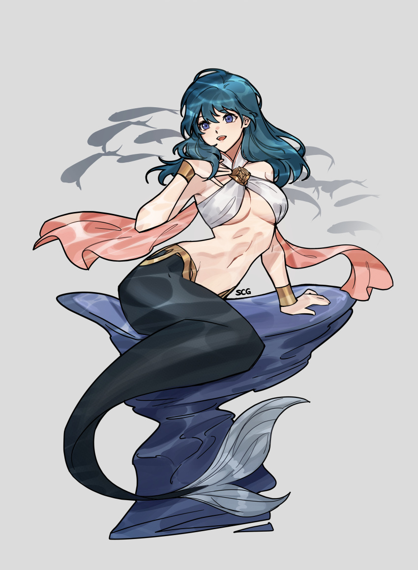 1girl absurdres arm_support blue_eyes blue_hair breasts byleth_(fire_emblem) byleth_eisner_(female) commentary english_commentary eyebrows_visible_through_hair fire_emblem fire_emblem:_three_houses full_body grey_background hair_between_eyes highres korean_commentary medium_breasts mermaid mixed-language_commentary monster_girl navel open_mouth silvercandy_gum simple_background sitting solo teeth tongue under_boob watermark