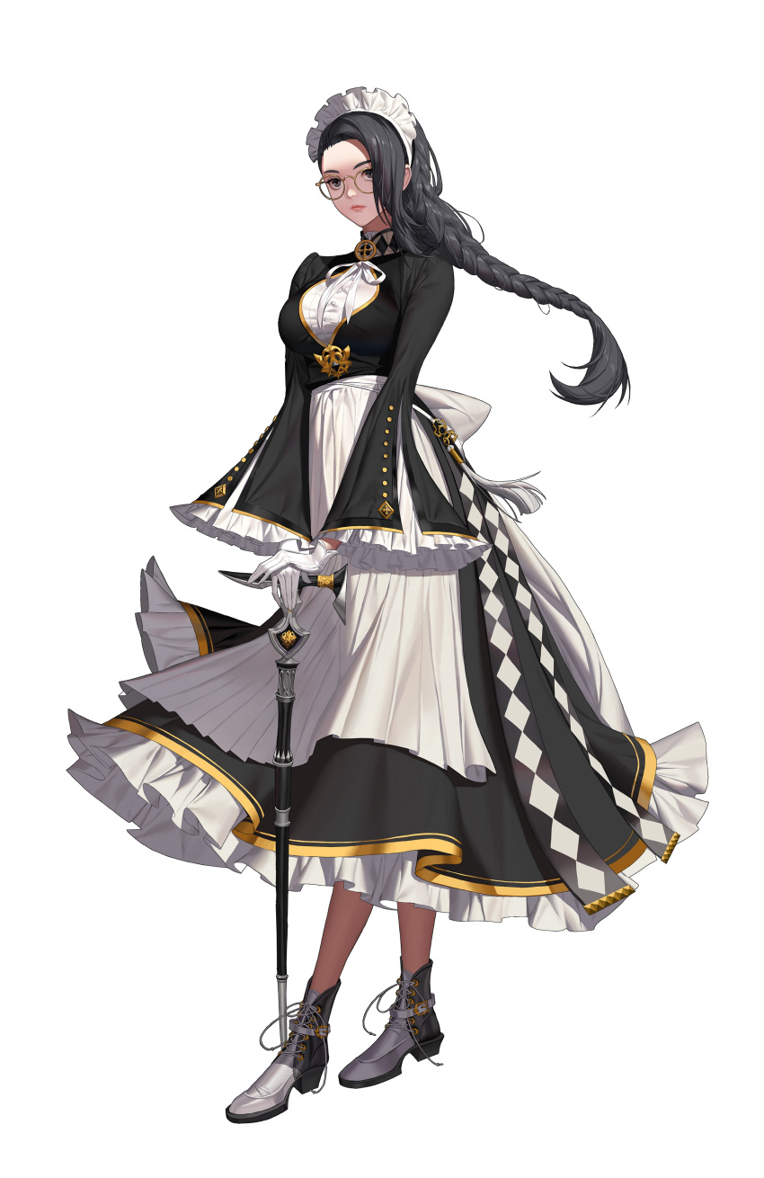 1girl absurdres adela_gro ankle_boots apron artist_request black_eyes black_hair black_survival boots braid breasts cane dress glasses gloves highres holding holding_cane long_hair long_sleeves maid_headdress medium_breasts neck_ribbon official_art ribbon round_eyewear simple_background solo standing transparent_background waist_apron white_gloves white_ribbon