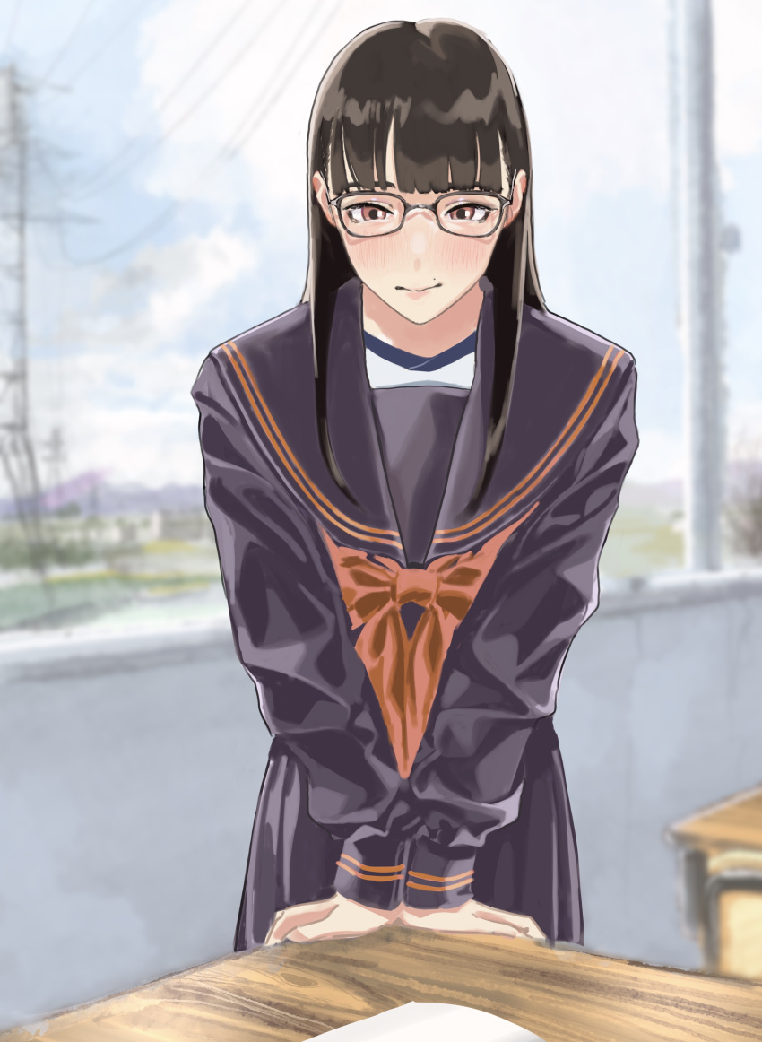 1girl absurdres arm_support bangs black_hair black_shirt black_skirt blunt_bangs brown_eyes classroom commentary_request desk embarrassed glasses highres hiramedousa leaning_forward long_hair looking_at_viewer mole mole_above_mouth neckerchief nervous_smile original pleated_skirt red_neckerchief school_desk school_uniform serafuku shirt skirt solo v_arms