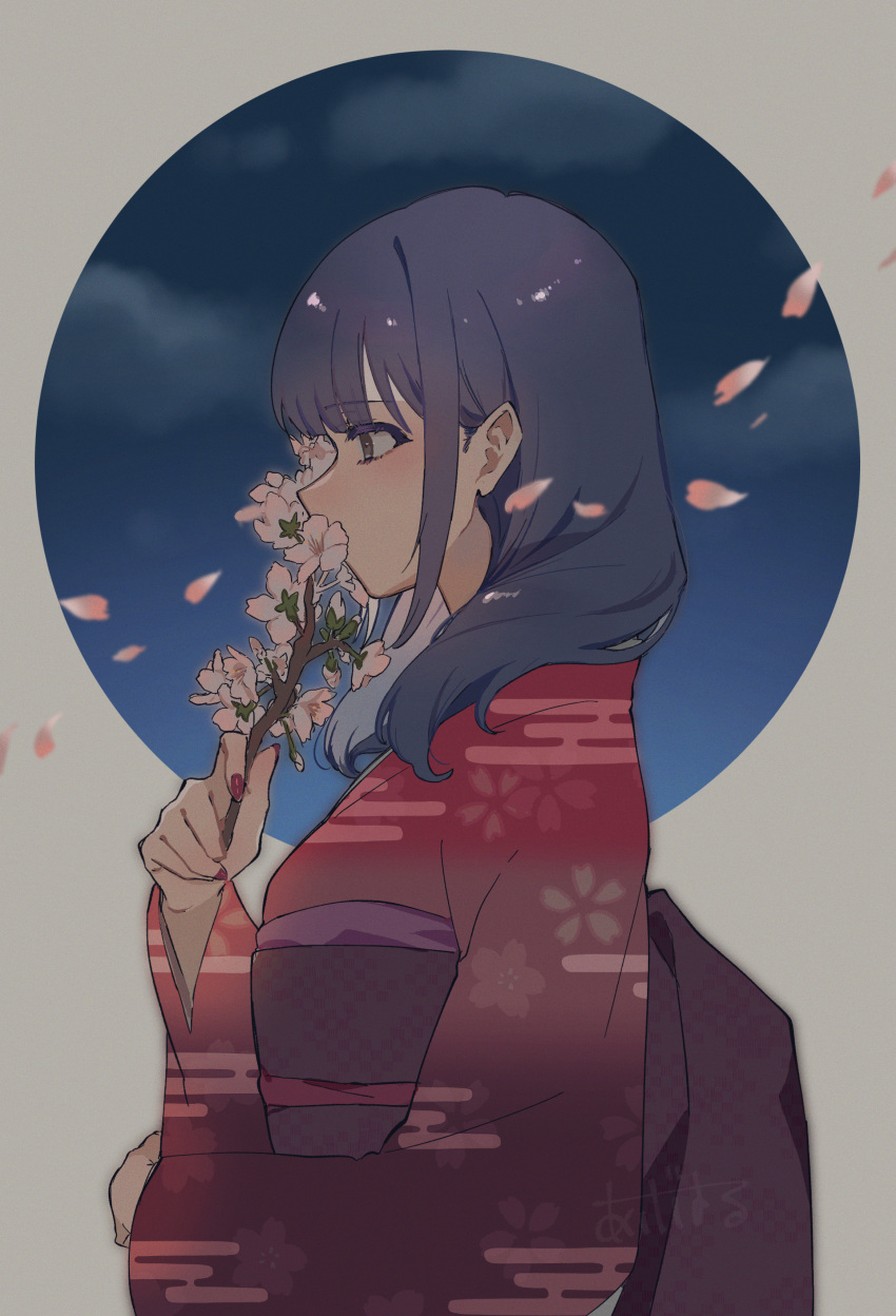 1girl absurdres ageharuuu artist_name bangs blue_hair branch brown_eyes cherry_blossoms circle clouds covered_mouth egasumi eyebrows_visible_through_hair fingernails floral_print flower flower_to_mouth from_side grey_background hanayagi_kaoruko hand_up highres holding holding_branch japanese_clothes kimono long_hair long_sleeves looking_away nail_polish night night_sky obi pink_flower print_kimono profile red_kimono red_nails sash shoujo_kageki_revue_starlight sidelocks sky solo upper_body wide_sleeves