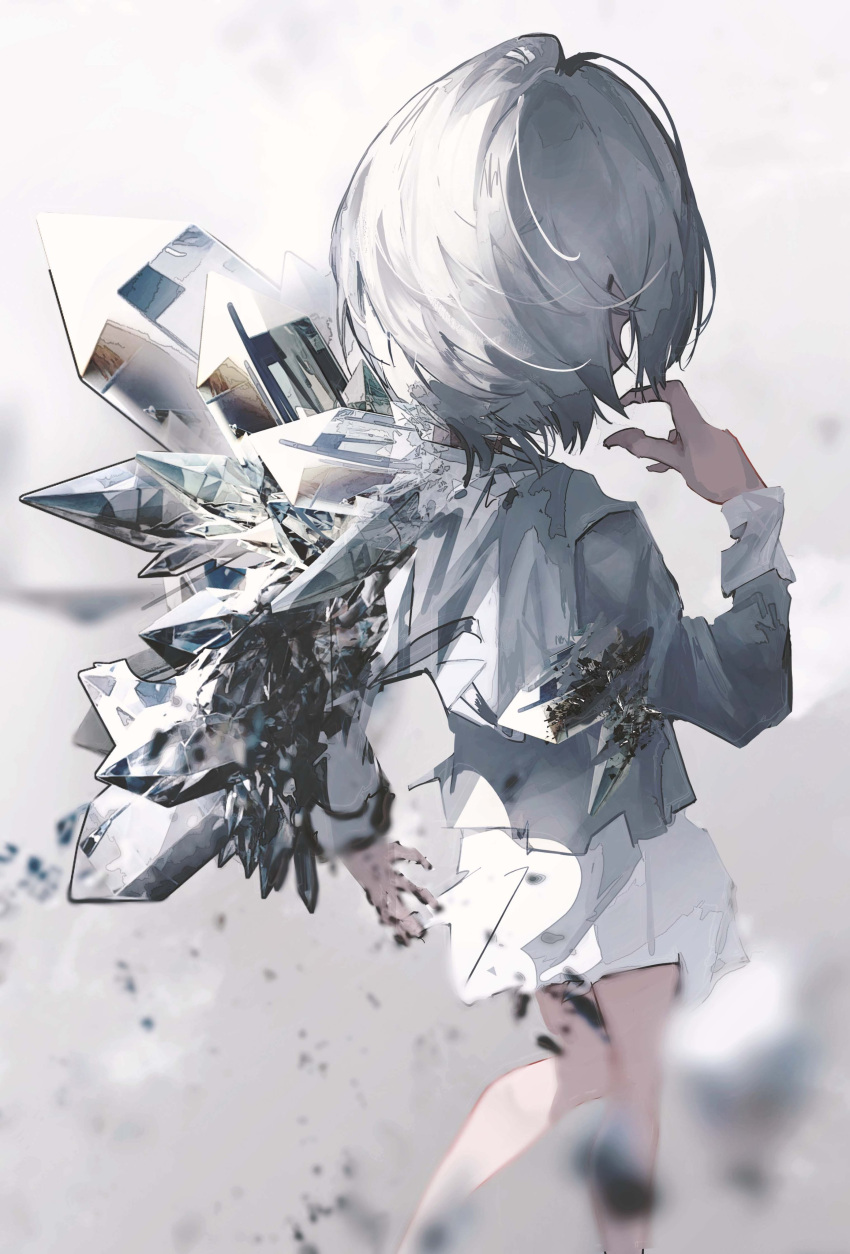 1girl absurdres blurry blurry_foreground commentary_request crystal facing_away feet_out_of_frame from_behind grey_hair grey_shirt hand_up highres houtei9 legs original shirt short_hair skirt solo white_skirt