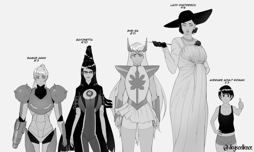 5girls alcina_dimitrescu arm_cannon bayonetta bayonetta_(series) black_gloves black_hair bodysuit degscellence dress elbow_gloves flower glasses gloves greyscale hat height_chart highres jewelry long_hair looking_at_viewer metroid metroid_suit monochrome multiple_girls necklace pearl_necklace ponytail resident_evil resident_evil_village rose samus_aran she-ra she-ra_and_the_princesses_of_power shorts shorts_under_skirt smile sun_hat tall_female tiara very_long_hair weapon white_dress