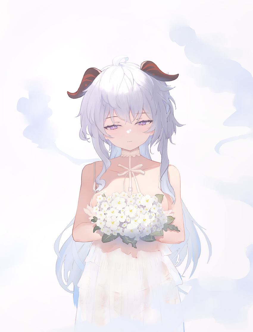 1girl absurdres ahoge bangs bare_shoulders blue_hair blush bouquet breasts choker collarbone cowboy_shot dress eyebrows_visible_through_hair eyelashes ganyu_(genshin_impact) genshin_impact hair_between_eyes highres holding holding_bouquet horns long_hair looking_at_viewer low_ponytail medium_breasts multicolored_eyes pure_white_a_type sidelocks simple_background solo standing violet_eyes white_background white_choker white_dress