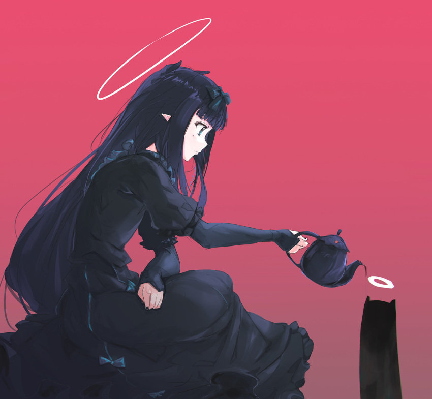 1girl bangs black_bow black_dress black_hair blue_eyes blunt_bangs bow closed_mouth dress from_side hair_bow halo highres holding holding_teapot hololive hololive_english layered_sleeves long_hair long_sleeves looking_away mole mole_under_eye ninomae_ina'nis pointy_ears pouring red_background short_over_long_sleeves short_sleeves simple_background sleeves_past_wrists solo tako_(ninomae_ina'nis) tallgeese_(lgeesel) teapot very_long_hair virtual_youtuber