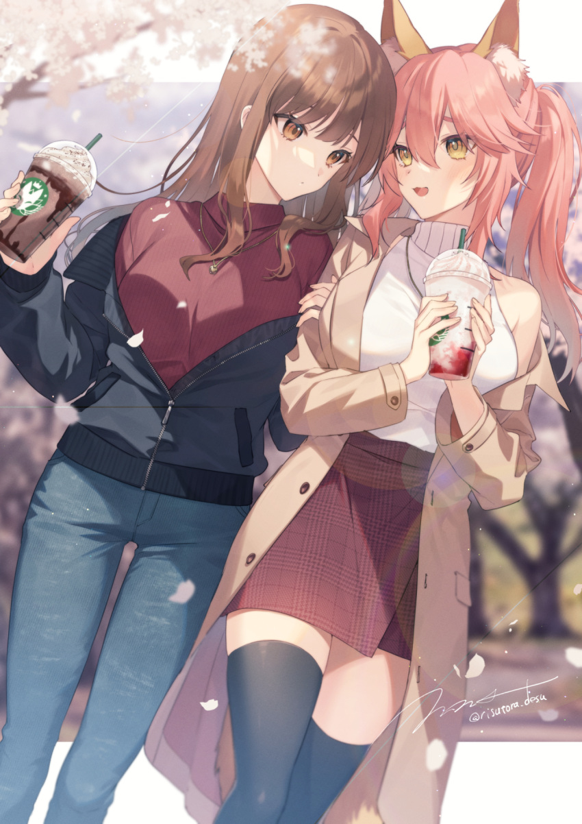 2girls :3 alternate_costume animal_ear_fluff animal_ears bangs bare_shoulders black_jacket black_legwear blush brown_eyes brown_hair brown_jacket casual commentary_request commission cup denim drinking_straw face-to-face fate/extra fate_(series) fox_ears hair_between_eyes highres holding holding_another's_arm holding_cup jacket jeans jewelry kishinami_hakuno_(female) long_hair long_sleeves looking_at_another multiple_girls necklace off_shoulder open_clothes open_jacket open_mouth pants pink_hair red_skirt risutora_desu shirt signature skeb_commission skirt sleeveless sleeveless_shirt smile starbucks tamamo_(fate) tamamo_no_mae_(fate/extra) thigh-highs turtleneck twintails twitter_username white_shirt yellow_eyes yuri