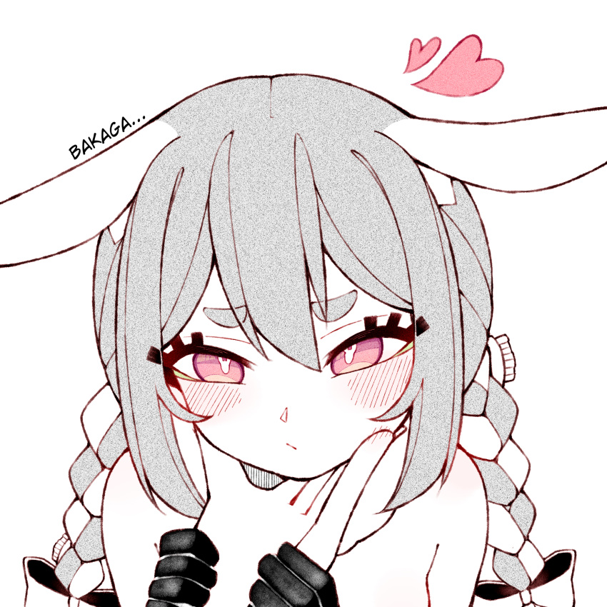 1girl animal_ears bangs blush braid closed_mouth commentary_request highres hololive long_hair looking_at_viewer monochrome rabbit_ears romaji_text solo_focus symbol-shaped_pupils thick_eyebrows twin_braids unexistarts upper_body usada_pekora virtual_youtuber