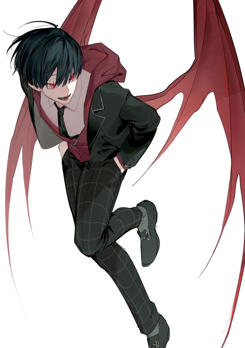 1boy absurdres black_hair black_jacket black_legwear black_pants collarbone fangs flying highres hiyon_(hahaha_5945) hood hoodie jacket kuzuha_(nijisanji) male_focus nijisanji official_alternate_costume open_mouth pants plaid plaid_pants red_eyes red_hoodie shirt short_hair smile solo vampire virtual_youtuber white_background white_shirt wings