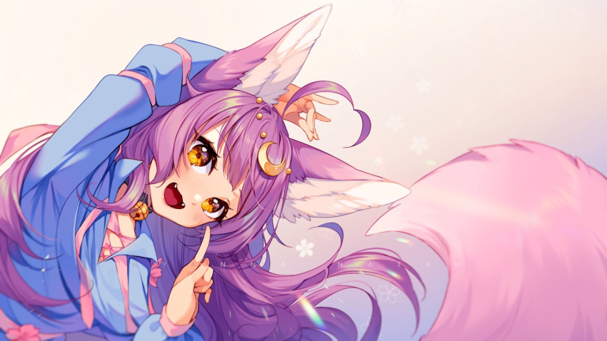 1girl ahoge animal_ears arm_behind_head arm_up bell blue_shirt brown_eyes choker fangs fox_ears fox_girl fox_shadow_puppet fox_tail hair_ornament highres hyanna-natsu index_finger_raised jingle_bell leaning_to_the_side long_hair open_mouth original purple_hair shirt smile solo tail upper_body