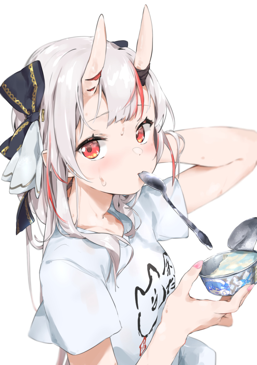 canned_food hololive looking_at_viewer nakiri_ayame oni_horns red_eyes simple_background spoon spoon_in_mouth sweat white_background white_hair white_shirt