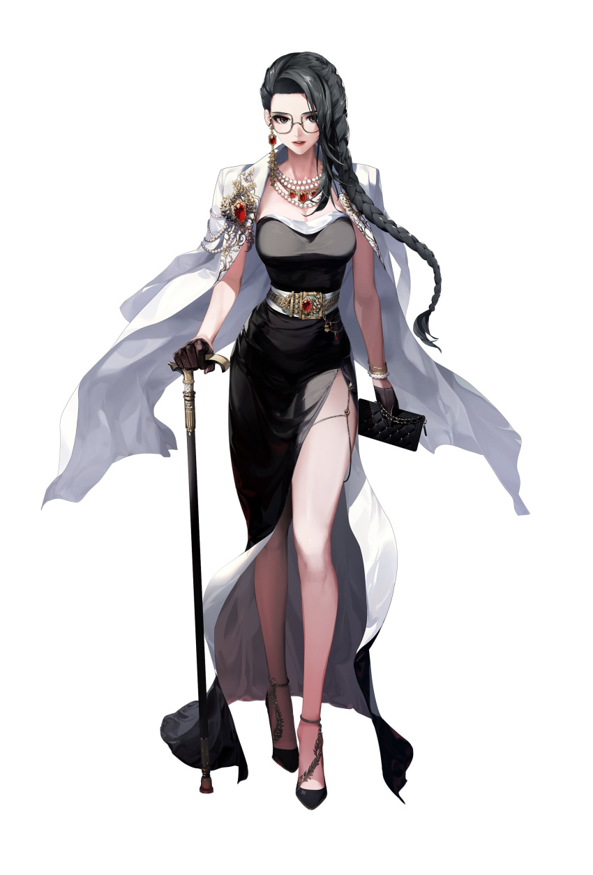 1girl absurdres adela_gro ankle_strap artist_request black_dress black_eyes black_footwear black_hair black_survival braid breasts cane chain coat coat_on_shoulders dress earrings glasses high_heels highres holding holding_cane jewelry long_dress long_hair looking_at_viewer medium_breasts necklace official_art parted_lips side_slit simple_background solo standing strapless strapless_dress white_background white_coat