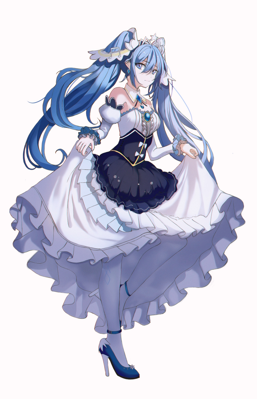 1girl absurdres bangs blue_eyes blue_footwear blue_hair butch_(qkrgur60311) commentary detached_collar detached_sleeves dress eyebrows_visible_through_hair floating_hair hair_between_eyes hair_ornament hatsune_miku high_heels highres layered_dress long_dress long_hair long_sleeves musical_note_hair_ornament pumps simple_background skirt_hold solo strapless strapless_dress underbust very_long_hair vocaloid white_background white_dress white_legwear white_sleeves yuki_miku yuki_miku_(2019)