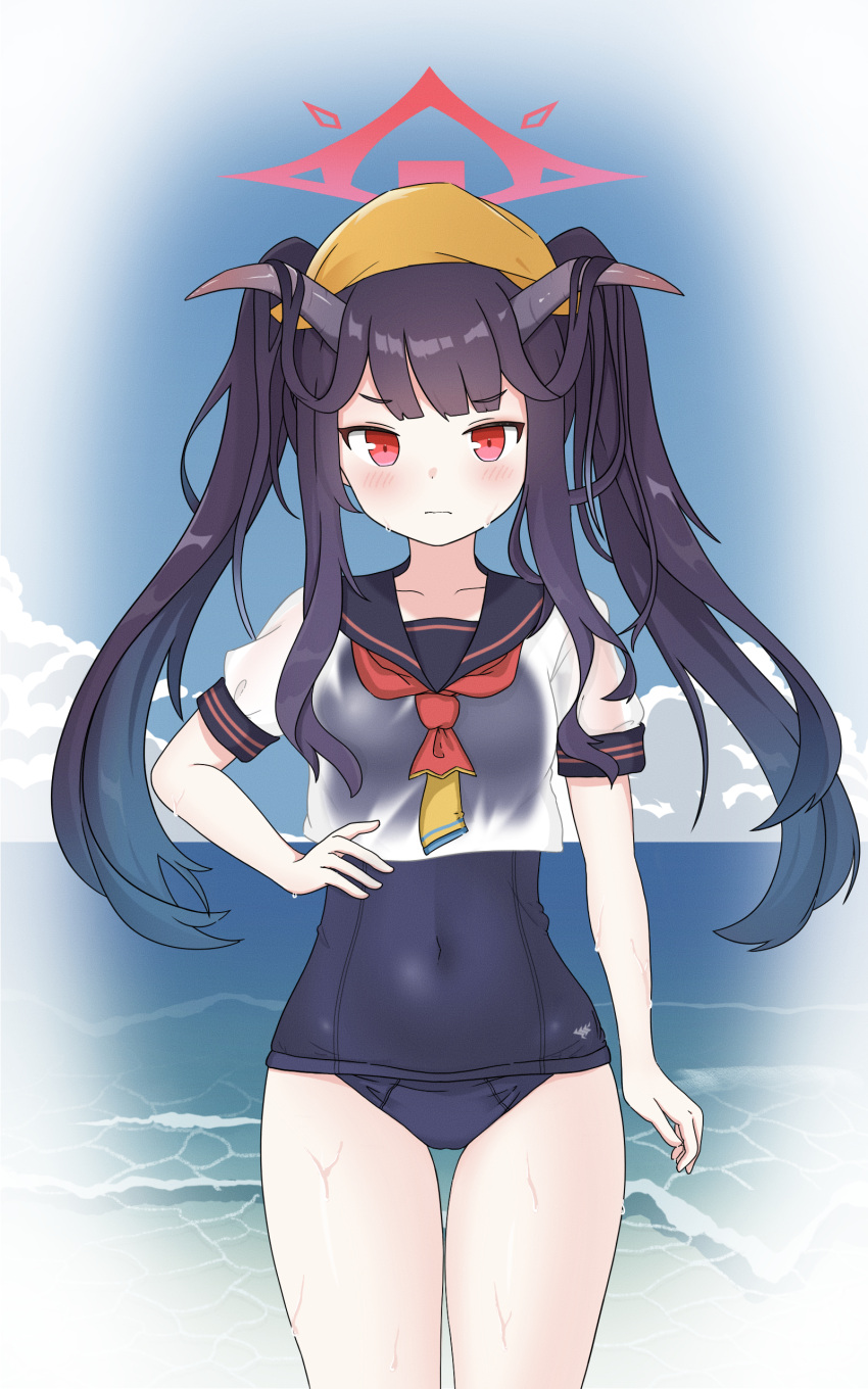 1girl absurdres blue_archive clouds demon_horns eyebrows_visible_through_hair fuuka_(blue_archive) halo highres horns hrna long_hair looking_at_viewer necktie purple_hair red_eyes school_swimsuit school_uniform shirt short_sleeves solo swimsuit water