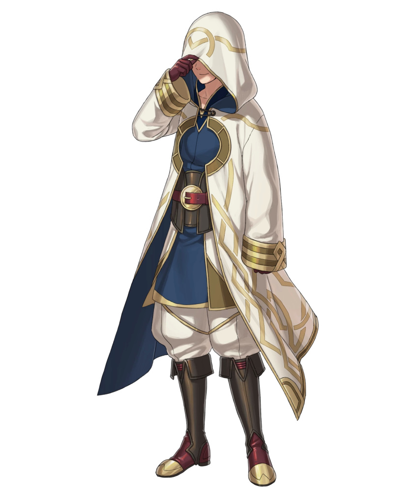 1boy belt boots brown_footwear brown_gloves clenched_hands closed_mouth coat detached_sleeves faceless fire_emblem fire_emblem_heroes full_body gloves gold_trim hand_up highres hood kiran_(fire_emblem) knee_boots long_coat long_sleeves male_focus non-web_source official_art open_clothes pants smile solo transparent_background white_coat white_pants
