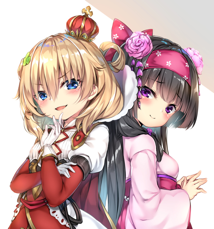 2girls :d back-to-back bangs black_hair blonde_hair blue_eyes blush bow breasts character_request closed_mouth clover_hair_ornament commentary_request crown dress eyebrows_visible_through_hair flower flower_knight_girl four-leaf_clover_hair_ornament gloves hair_between_eyes hair_bow hair_flower hair_ornament hairband highres japanese_clothes kaguyuu kimono layered_sleeves long_hair long_sleeves mini_crown multiple_girls obi pink_flower pink_hairband pink_kimono pink_rose puffy_short_sleeves puffy_sleeves red_bow red_dress rose sash short_over_long_sleeves short_sleeves small_breasts smile tilted_headwear very_long_hair violet_eyes white_gloves wide_sleeves