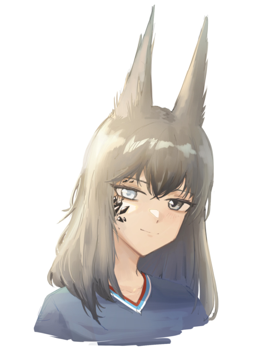 1girl animal_ears arknights ashlock_(arknights) bangs black_eyes blue_eyes blue_shirt brown_hair closed_mouth cropped_torso eyebrows_visible_through_hair heterochromia highres long_hair looking_at_viewer oripathy_lesion_(arknights) portrait radioneet shirt solo squirrel_ears