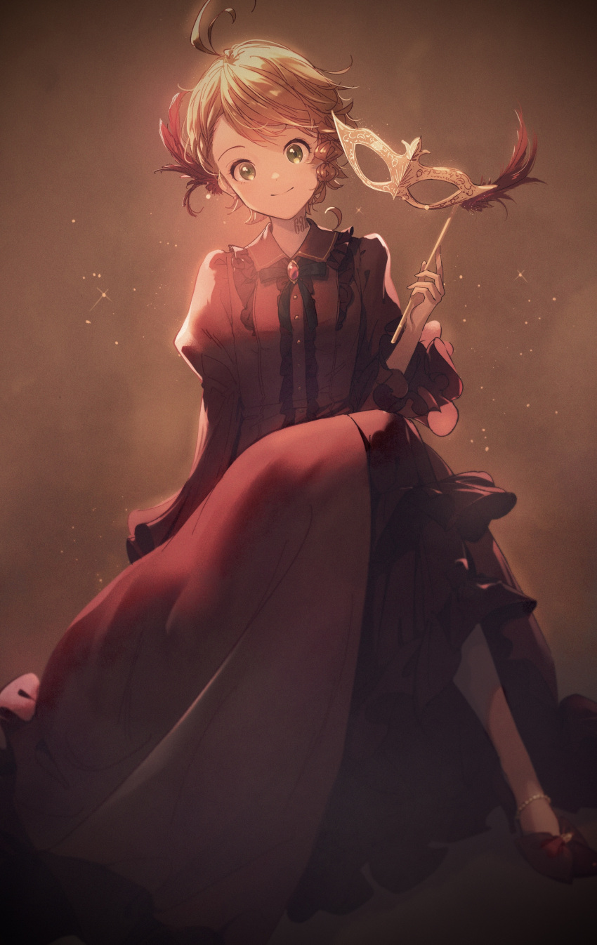 1girl absurdres ahoge anklet awarin bangs brown_background brown_hair closed_mouth dress emma_(yakusoku_no_neverland) green_eyes highres jewelry lolita_fashion long_dress long_sleeves looking_at_viewer mask red_dress short_hair smile solo swept_bangs yakusoku_no_neverland