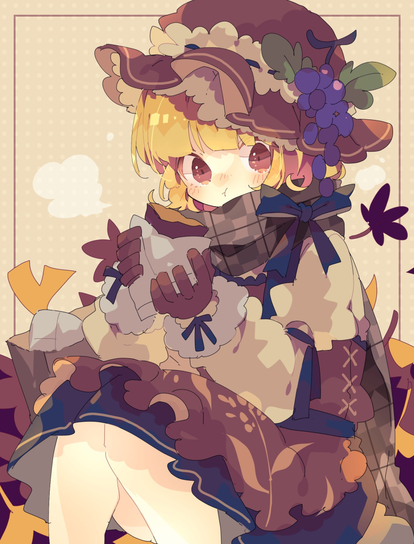 1girl :t adapted_costume aki_minoriko apron autumn_leaves bag bangs blonde_hair blue_bow blue_skirt blunt_bangs bow brown_apron brown_coat brown_gloves brown_scarf coat commentary eating feet_out_of_frame food frilled_hat frills fur-trimmed_coat fur_trim gloves grape_hat_ornament hat highres holding holding_food knees_together_feet_apart leaf long_sleeves looking_at_viewer mob_cap nikorashi-ka one-hour_drawing_challenge paper_bag plaid plaid_scarf red_eyes ribbon-trimmed_headwear ribbon_trim scarf short_hair sitting skirt solo sweet_potato touhou waist_apron