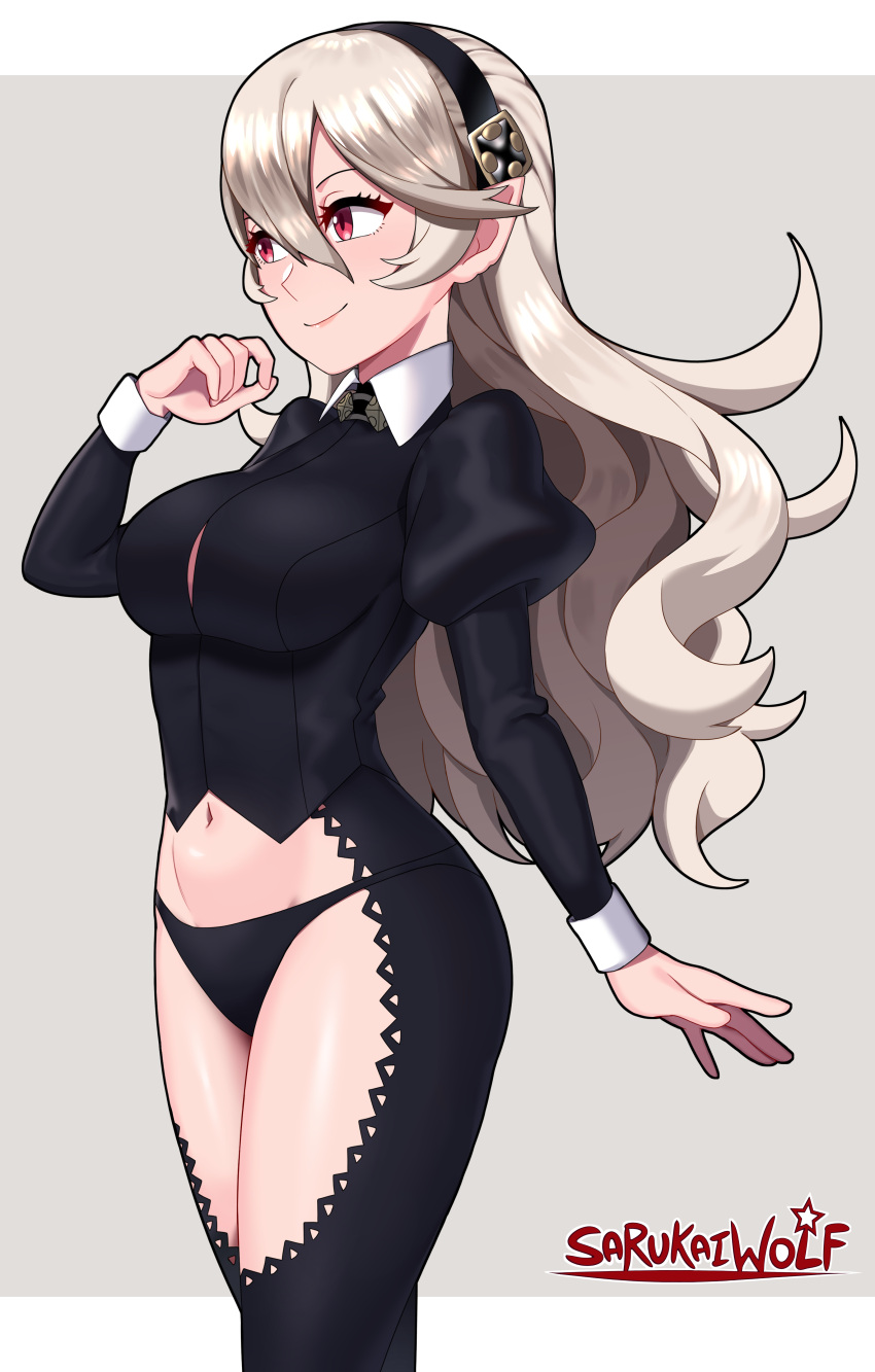 1girl absurdres artist_name black_panties blonde_hair chaps collar corrin_(fire_emblem) corrin_(fire_emblem)_(female) cropped_legs english_commentary fire_emblem fire_emblem_fates hairband highres long_hair midriff navel paid_reward_available panties pointy_ears puffy_sleeves red_eyes sarukaiwolf smile solo standing thighs underwear wrist_cuffs