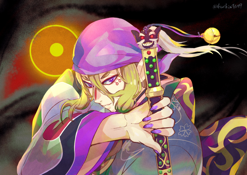 1boy bakeneko blonde_hair facepaint hair_between_eyes highres japanese_clothes kachin kusuriuri_(mononoke) long_hair male_focus mononoke obi pointy_ears purple_bandana purple_nails sash sword_of_exorcism violet_eyes