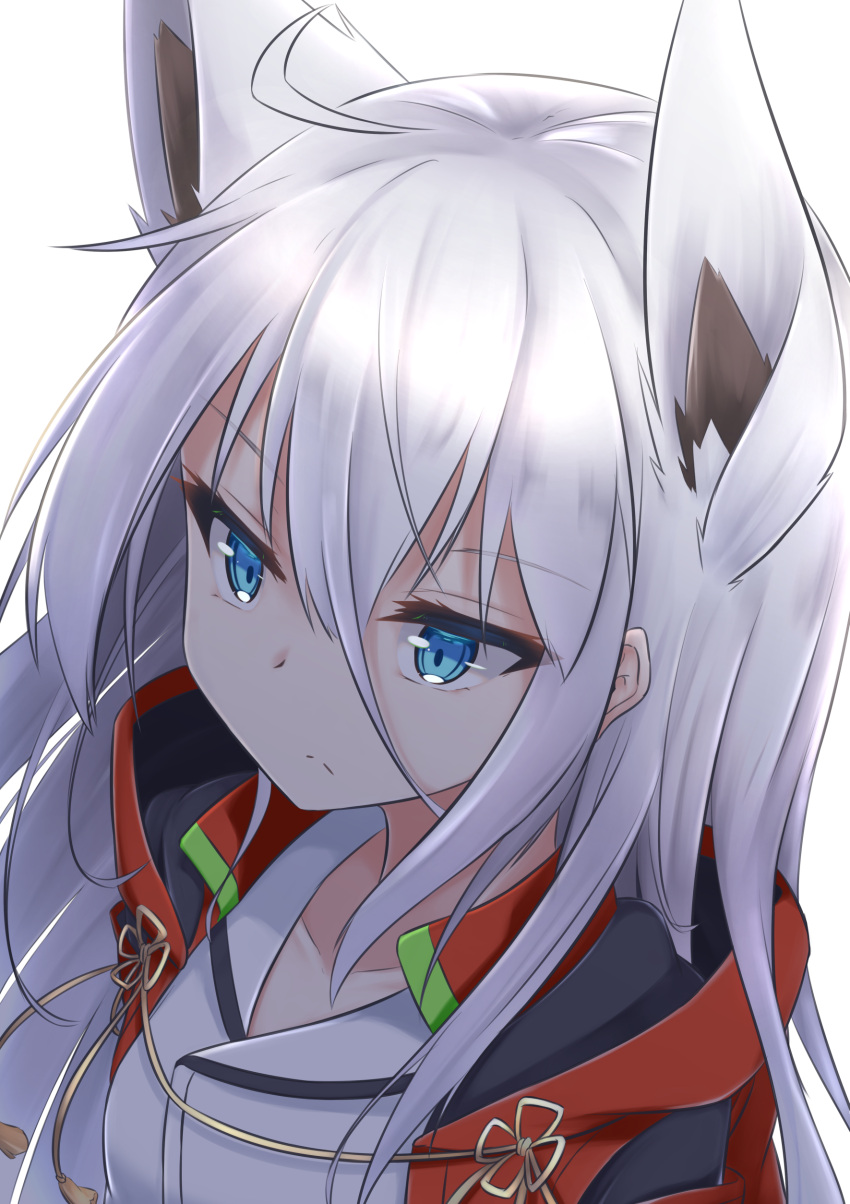 1girl absurdres ahoge animal_ears bangs blue_eyes collarbone commentary_request extra_ears eyebrows_visible_through_hair fox_ears fox_girl hair_between_eyes highres long_hair original shirt sidelocks simple_background solo white_background white_hair white_shirt yukishiro_haku