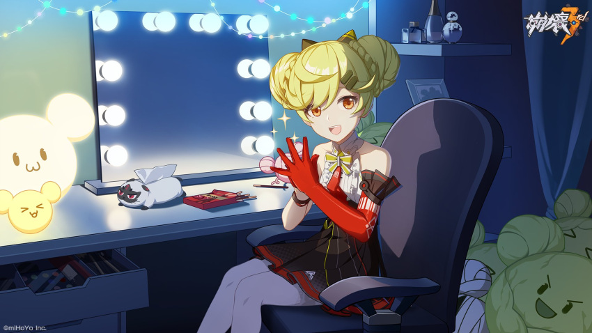 1girl ai-chan_(honkai_impact) bangs chair double_bun dress food green_hair hair_between_eyes hair_ornament hairpin highres holding holding_food honkai_(series) honkai_impact_3rd indoors lamp lights looking_at_viewer mirror official_art open_mouth orange_eyes phone pocky sleeveless sleeveless_dress smile solo table thigh-highs tissue tissue_box white_legwear