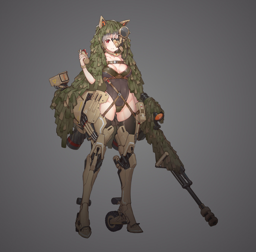 1girl animal_ears anti-materiel_rifle armor camouflage commentary_request covered_navel explosive eyebrows_visible_through_hair fake_animal_ears frown full_body grenade grey_background gun highres holding holding_grenade holding_gun holding_weapon leotard mecha_musume mixed-language_commentary original red_eyes rifle skindentation sniper_rifle solo stmast thigh-highs weapon white_hair
