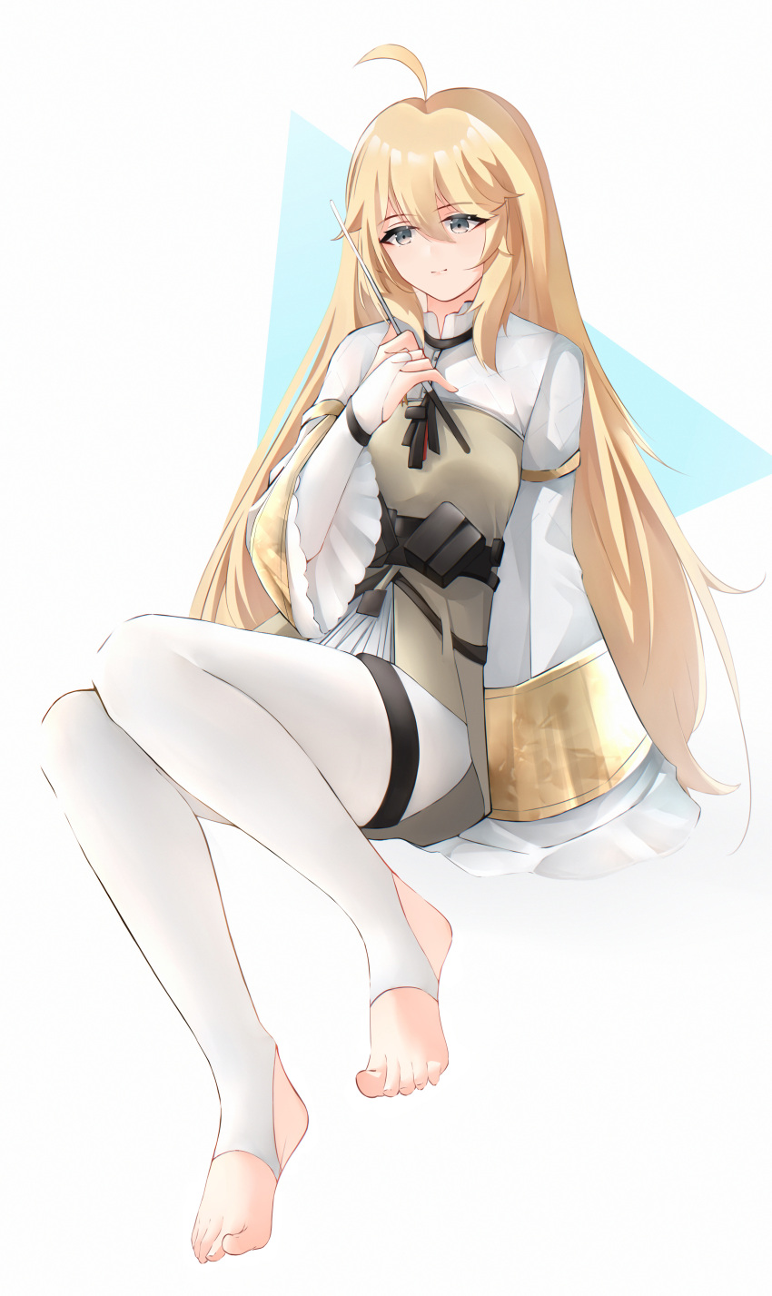 1girl absurdres bangs barefoot blonde_hair bodysuit closed_mouth elbow_gloves eyebrows_visible_through_hair feet full_body girls_frontline gloves grey_eyes highres holding holding_wand kolibri_(girls'_frontline) leggings lips long_hair looking_away pants qiye_jiexian simple_background sitting solo toes wand white_bodysuit white_gloves white_pants wide_sleeves
