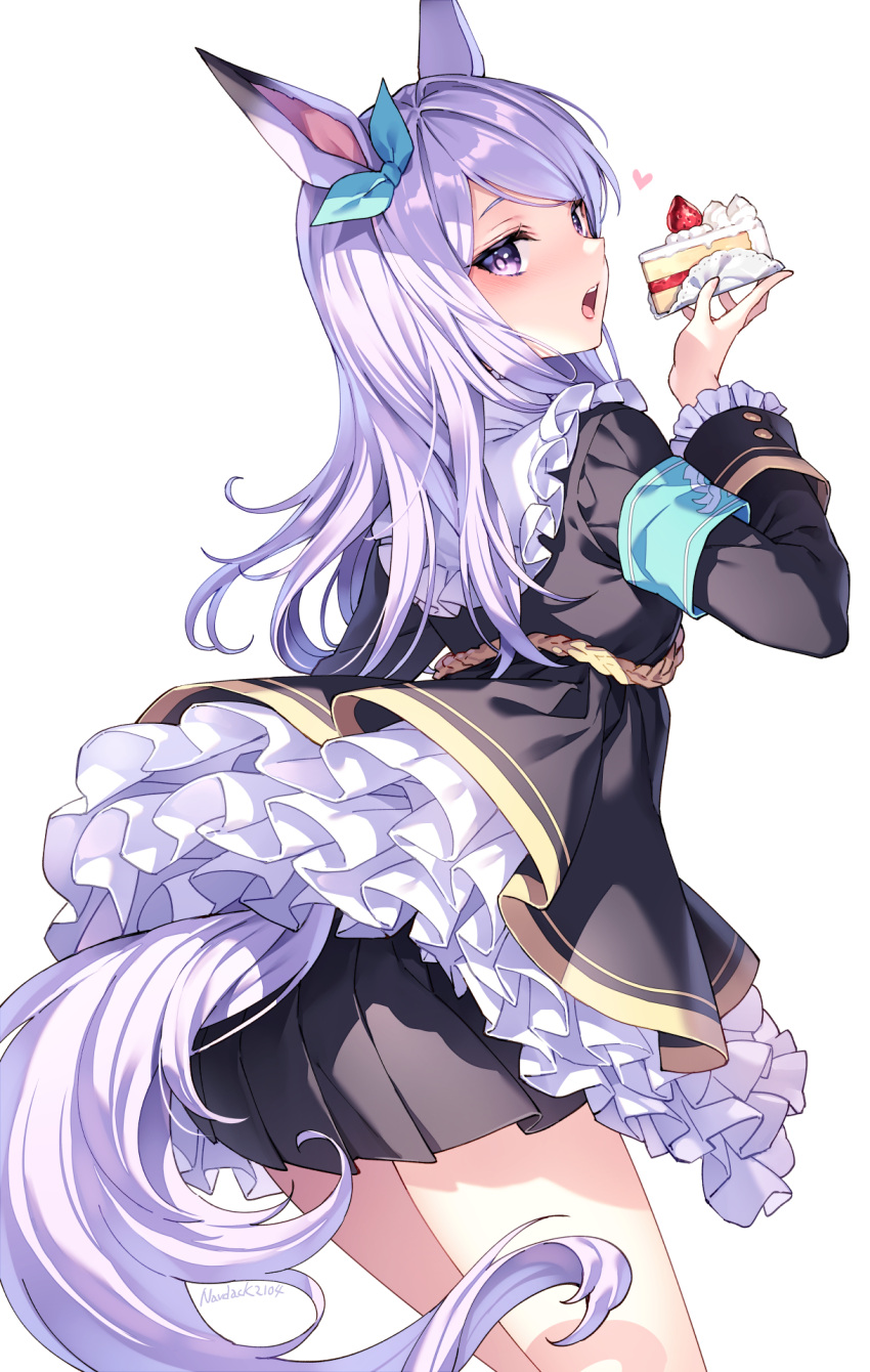 1girl animal_ears armband artist_name bangs black_jacket black_skirt blush cake cake_slice commentary cowboy_shot eating food frilled_jacket frilled_shirt_collar frilled_sleeves frills from_behind hand_up heart highres holding holding_food horse_ears horse_girl horse_tail jacket leaning_forward light_purple_hair long_hair long_sleeves looking_at_viewer looking_back mejiro_mcqueen_(umamusume) nardack open_mouth pleated_skirt skirt solo standing strawberry_shortcake swept_bangs tail thighs umamusume violet_eyes white_background